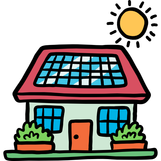 Beispielicon Eigenheim Ein cartoonhaftes Haus mit Sonnenkollektoren und einem sonnigen Himmel.